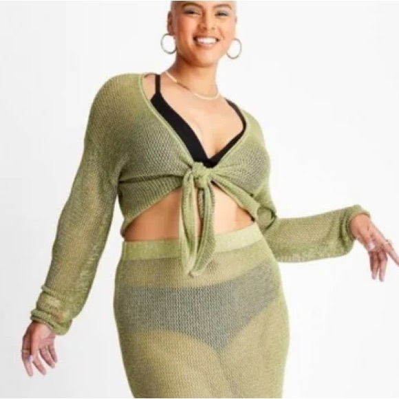 Green metallic crochet tie front cardigan - Picture 2 of 8